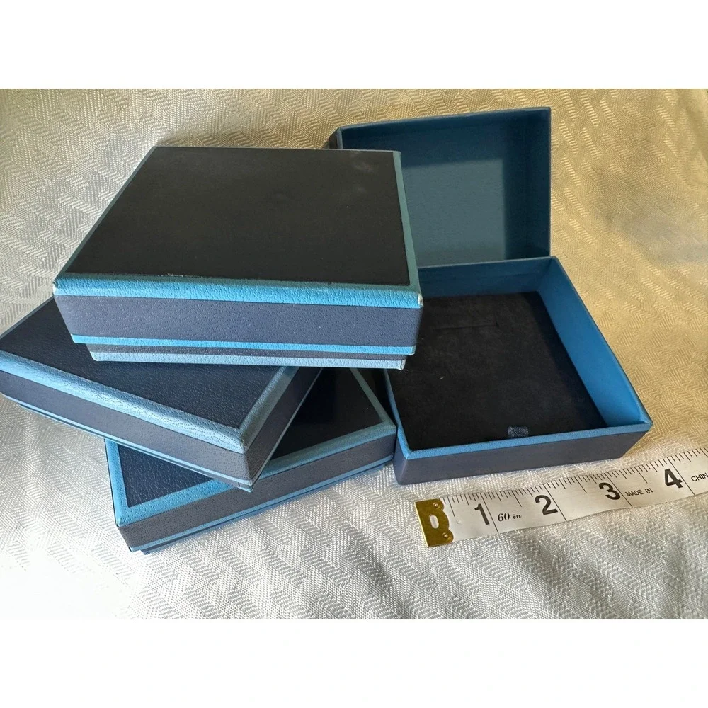 Set of 4 Blue Two Tone Square Jewelry Gift Boxes with Velvet Inserts 3.5in